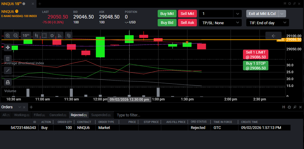 Tradovate Orders module filtered to show orders with a Rejected status