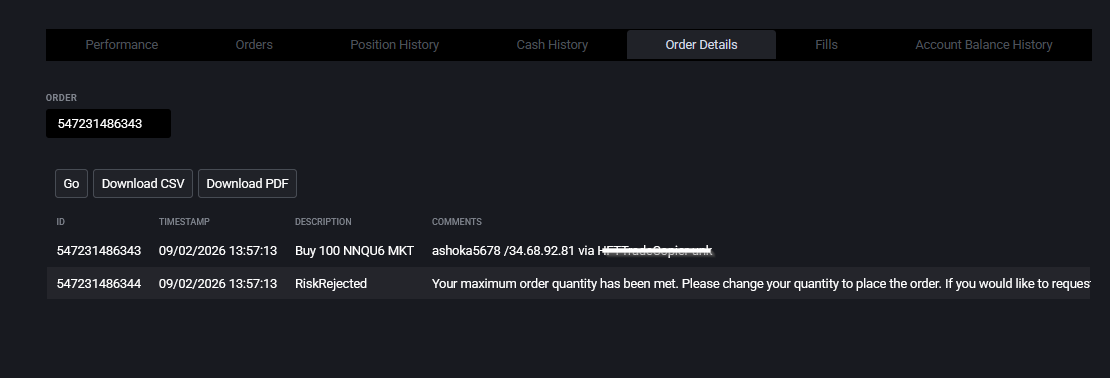 Tradovate Reports Order Details lookup with an Order Number field and Go button