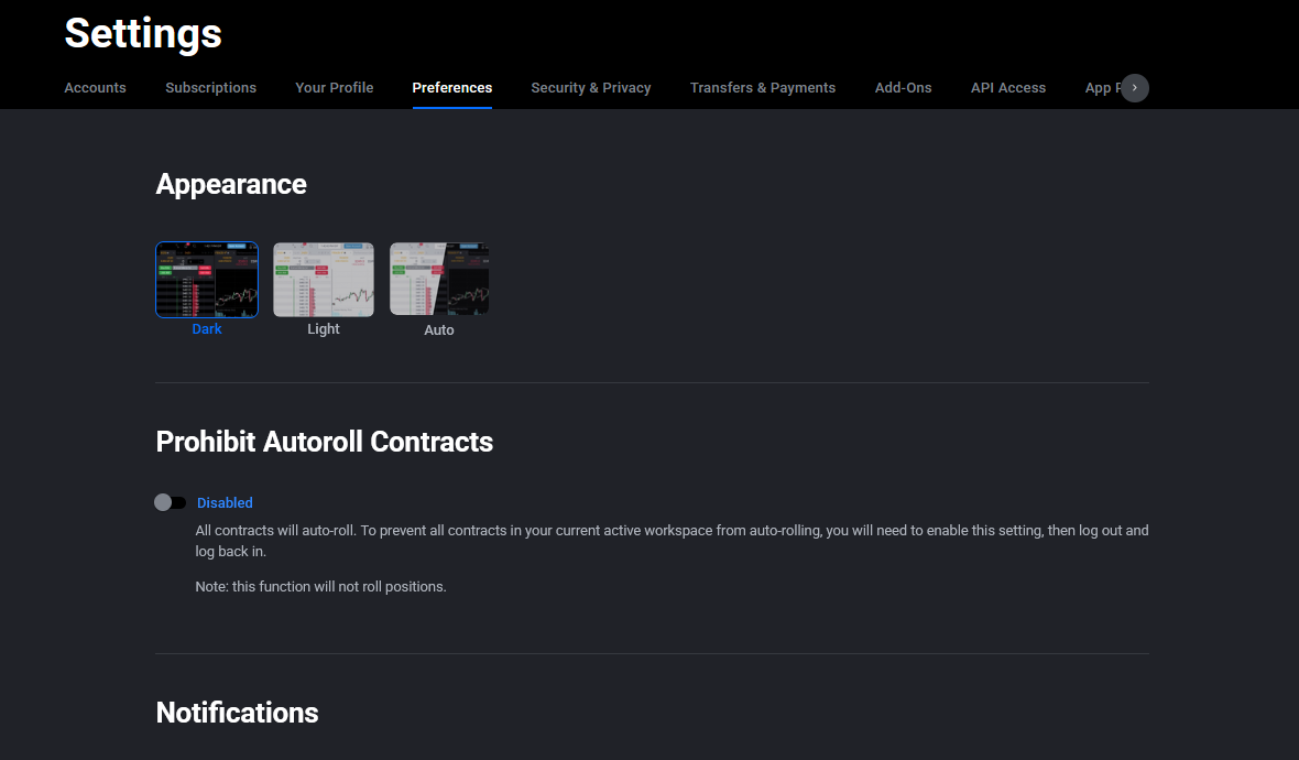 Tradovate Application Settings Preferences tab scrolled to the Notifications section