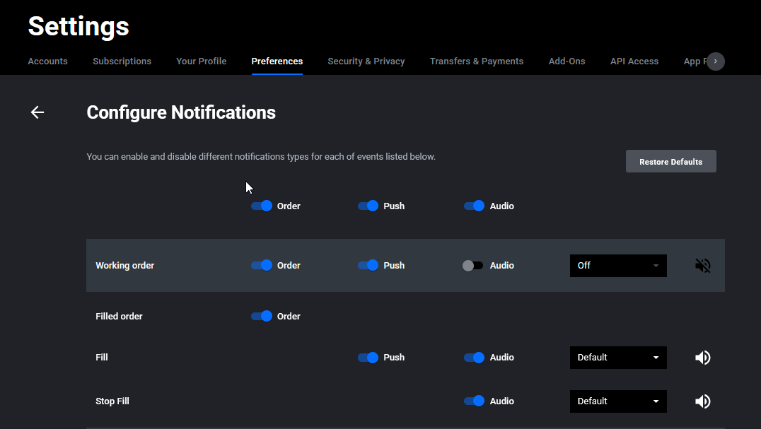 Tradovate Advanced Configuration panel listing order statuses with per-status toggles