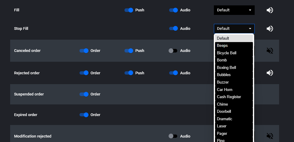 Tradovate audio notification options with a sound picker and test button for an order status