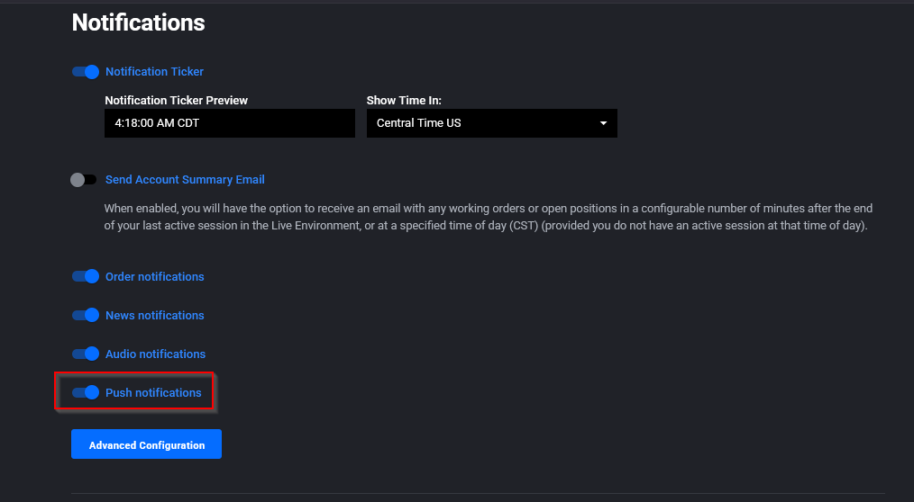 Tradovate push notification toggle in web settings alongside the mobile app permission prompt
