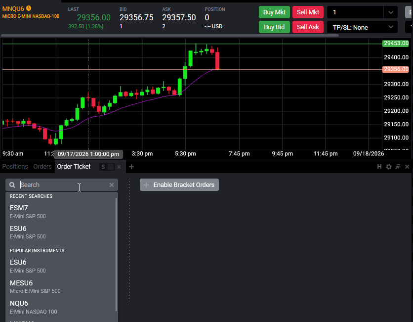 Tradovate Order Ticket with the account selector and instrument search dropdown showing a futures contract
