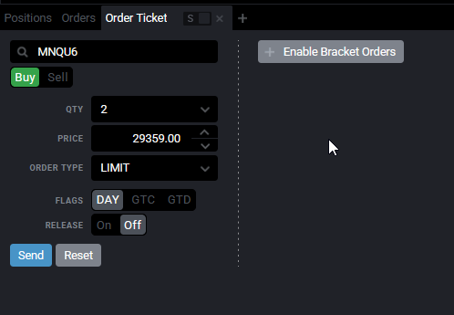 Tradovate Order Ticket showing Buy and Sell buttons with the quantity field set to a contract count
