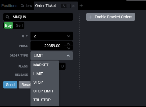 Tradovate Order Ticket order type dropdown expanded showing Market, Limit, and Stop with a price field