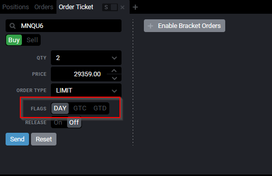 Tradovate Order Ticket with the time-in-force selector set to Day and the Send button highlighted
