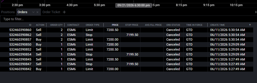 Tradovate Orders module shown in standard table view with rows of orders