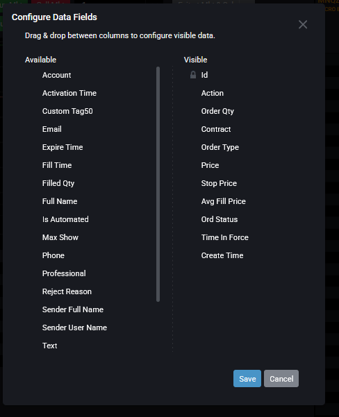 Tradovate Select Columns panel with Available and Visible column lists