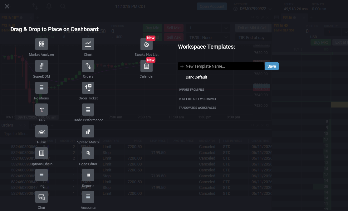 Tradovate workspace with the New plus button open showing the list of modules to add