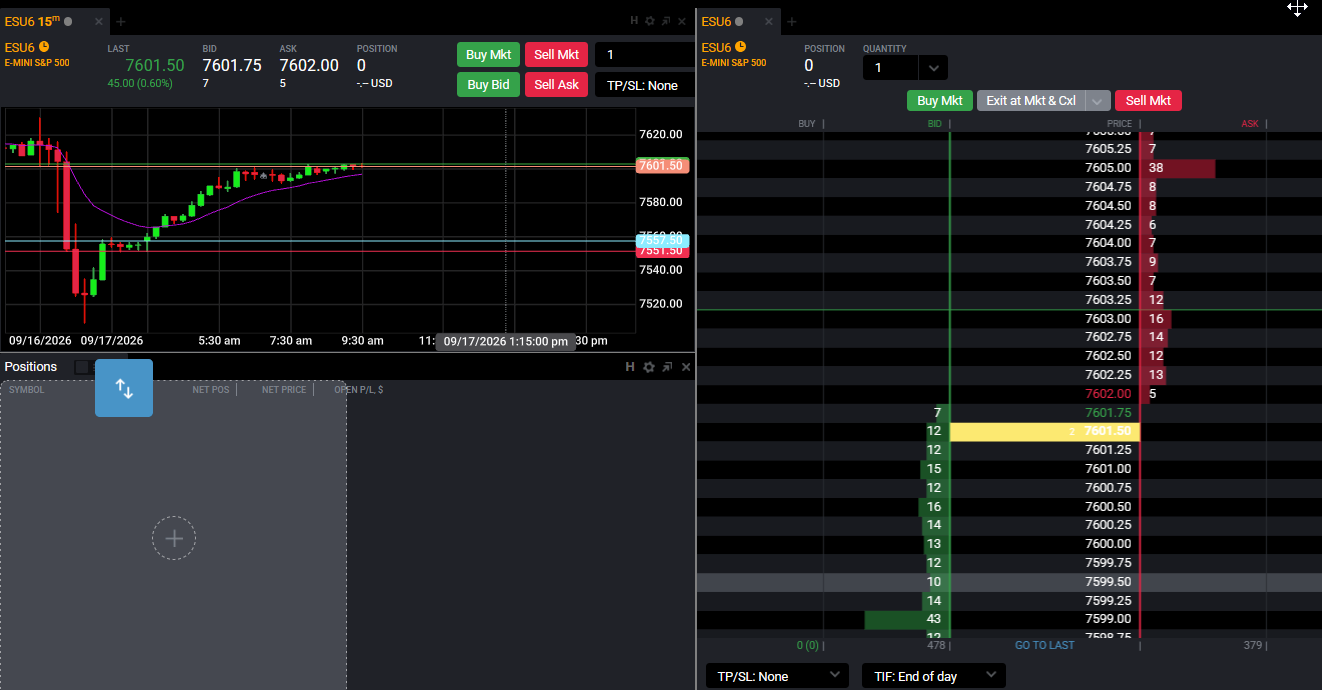 Dragging a Tradovate module by its tab with a highlighted drop zone showing where it will dock