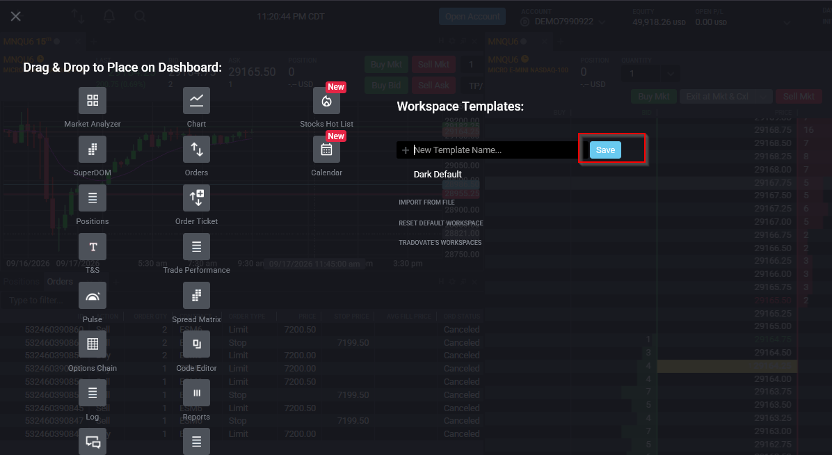Tradovate workspace menu with a named layout being saved so the multi-monitor arrangement persists
