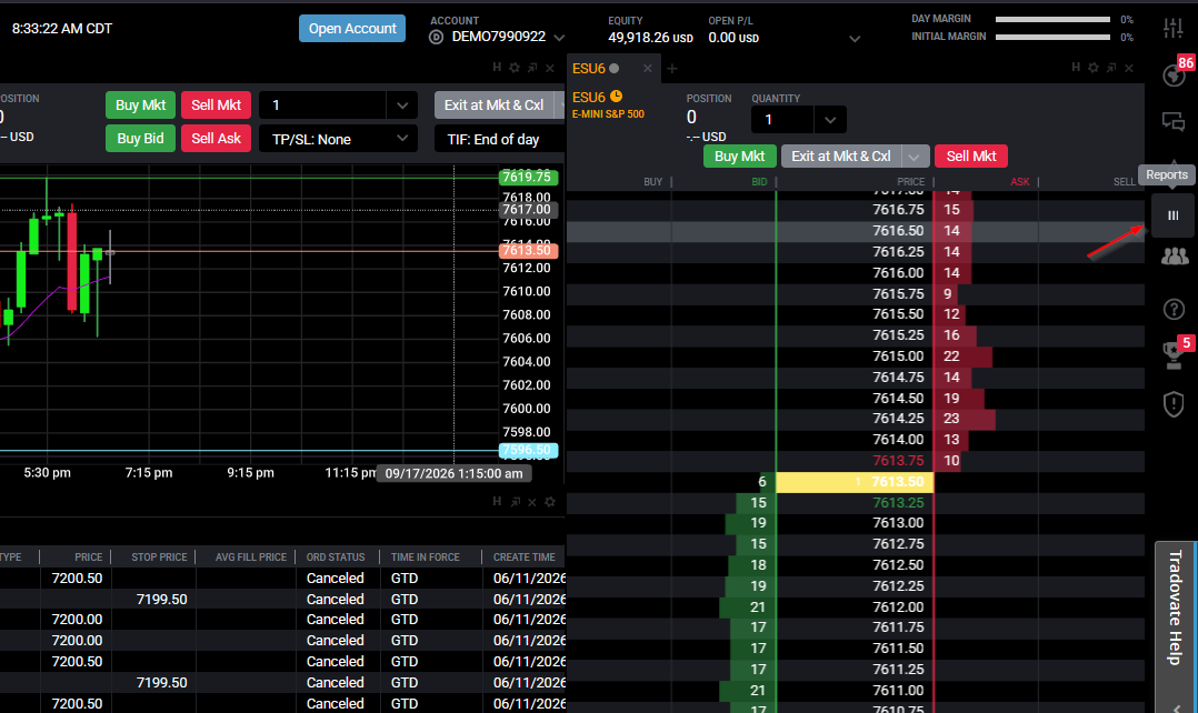 Tradovate web platform with the Reports icon highlighted on the toolbar