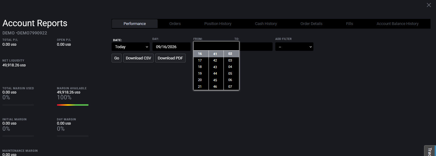 Tradovate Account Reports page with report tabs and a custom From and To date range selector