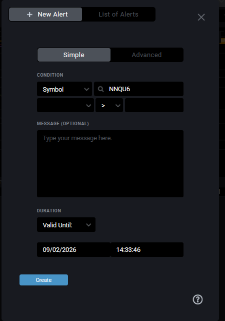 Alert dialog opened from clicking the price axis, with a bell icon marking the level on the chart