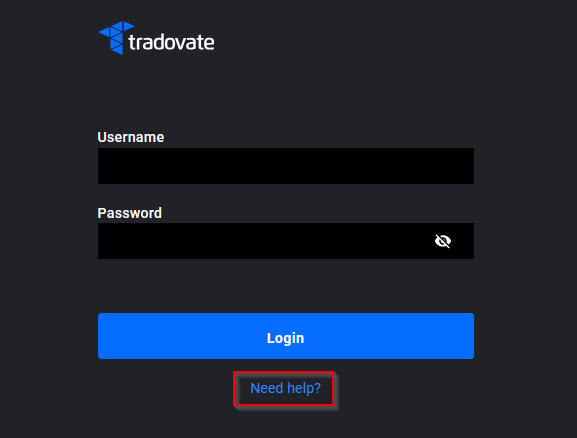 Tradovate login screen with the Need Help link highlighted below the username and password fields