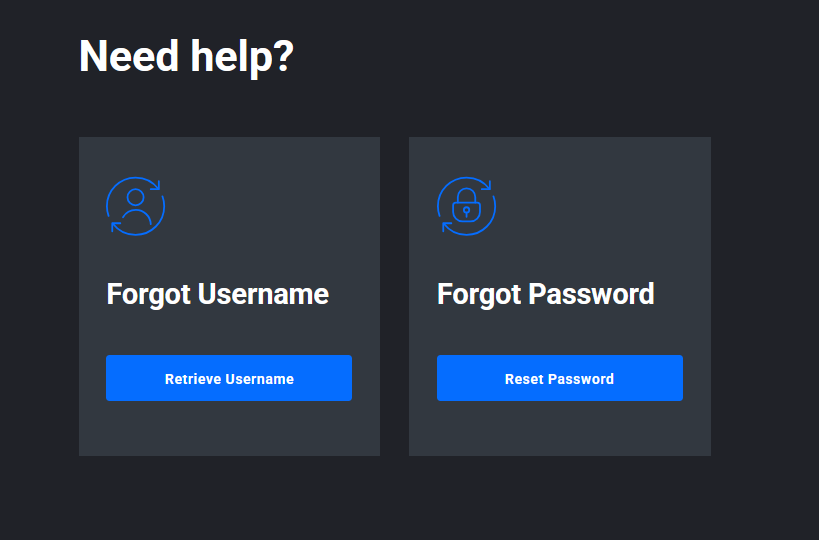 Tradovate Need Help panel showing the Retrieve Username and Reset Password options