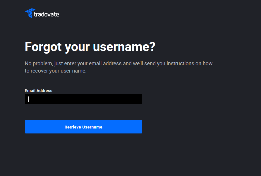 Tradovate Retrieve Username form with a field for the account email address