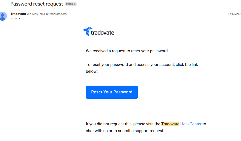 Email from Tradovate showing the recovered account username