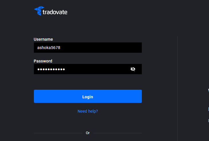 Tradovate login screen with the recovered username entered and ready to sign in