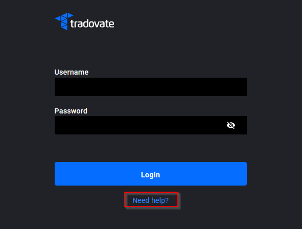 Tradovate login screen with the Need Help link highlighted below the password field