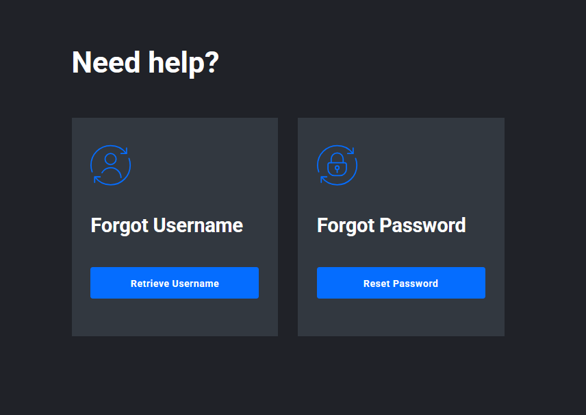 Tradovate Need Help panel showing Retrieve Username and Reset Password options