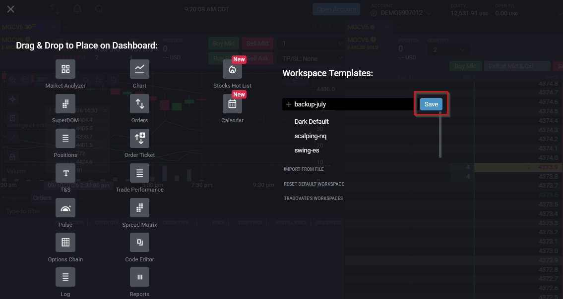 Saving the current Tradovate layout as a named backup workspace from the plus New menu