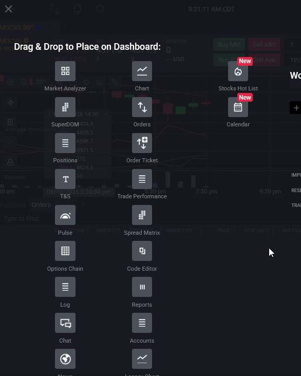 The Tradovate plus New workspace menu open in the top-left corner of the platform