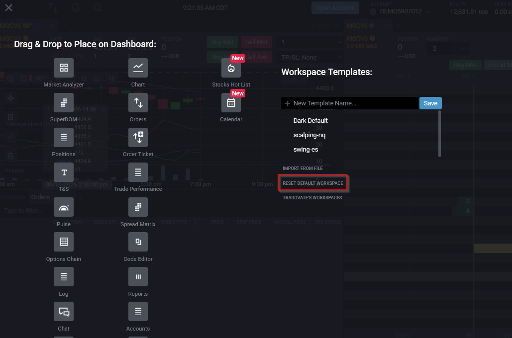 Clicking Reset Default Workspace in the Tradovate workspace menu