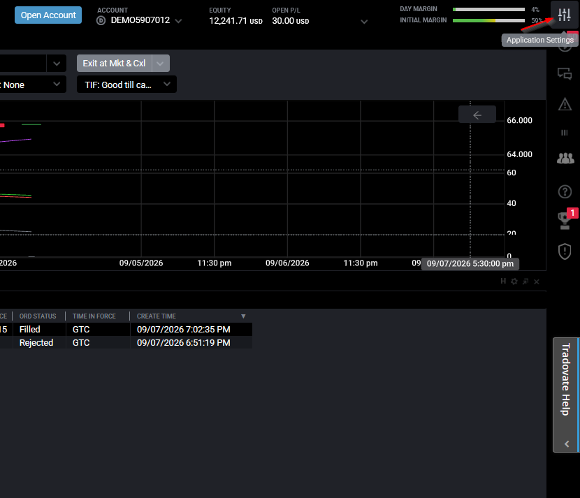 Tradovate platform showing the Application Settings button in the upper-right corner