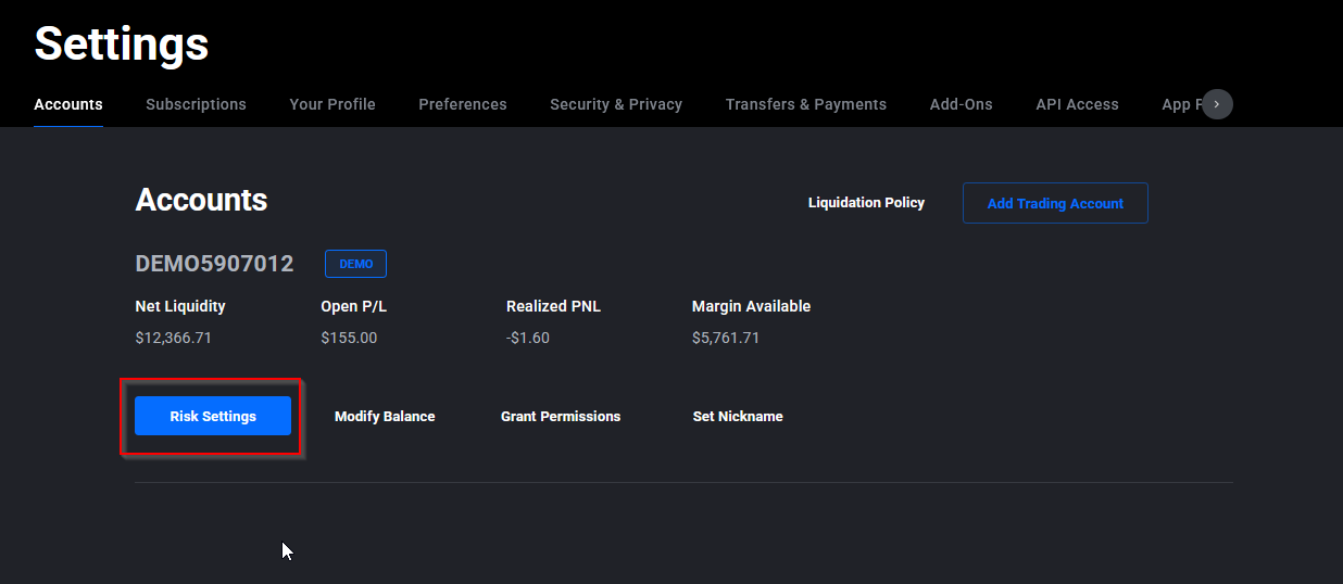 Tradovate Application Settings showing the Accounts tab and Risk Settings button