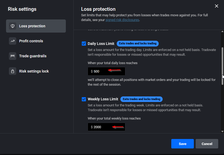 Tradovate Risk Settings panel showing loss limit, profit trigger, and max position toggles