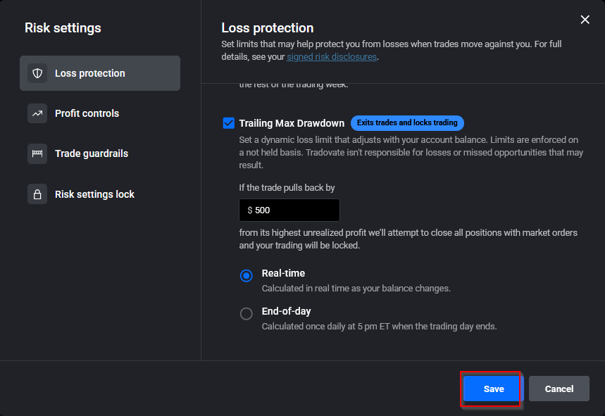 Tradovate Risk Settings showing entered limit values and the Save button