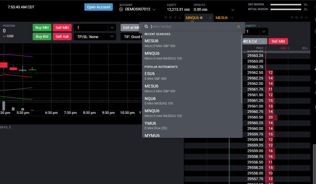Tradovate SuperDOM price ladder loaded with a futures contract