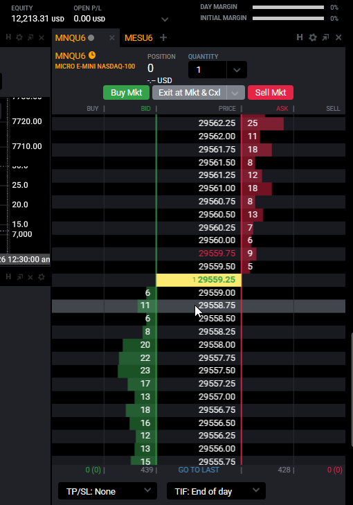 Mouse cursor hovering over the price column of the Tradovate SuperDOM ladder