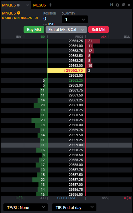 Tradovate DOM ladder scaled down with Shift+scroll to show more price levels