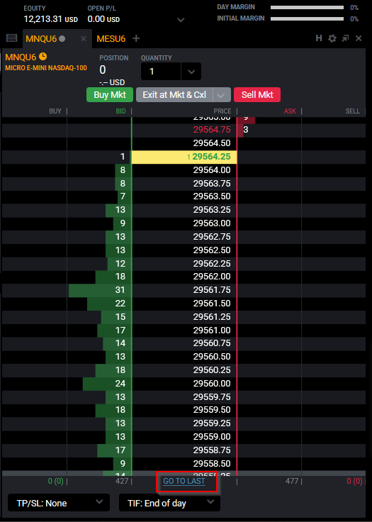 Tradovate SuperDOM GO TO LAST link to re-center the ladder on the last traded price