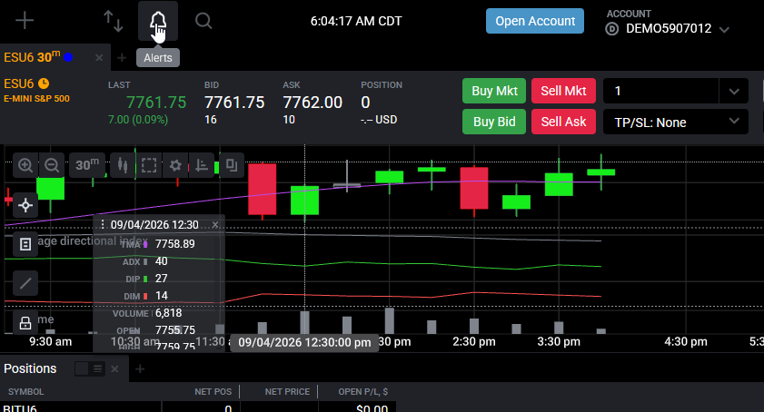 Tradovate web app top-left toolbar showing the bell-shaped Alerts icon next to the New plus button