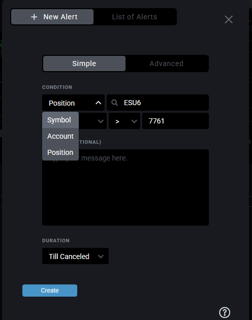 Tradovate New Alert menu showing the Instrument, Position, Account selector with a condition and Value field for a single-condition Simple alert