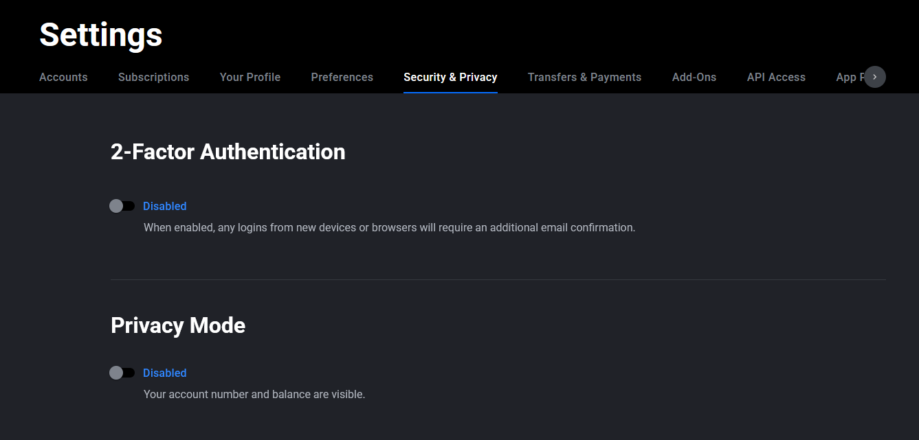 Tradovate Application Settings menu with the Security page selected