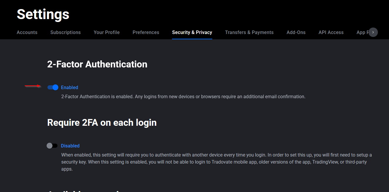 The 2-Factor Authentication toggle switched on at the top of the Tradovate Security page