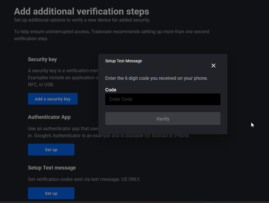 Confirmation field for entering the six-digit SMS verification code sent by Tradovate