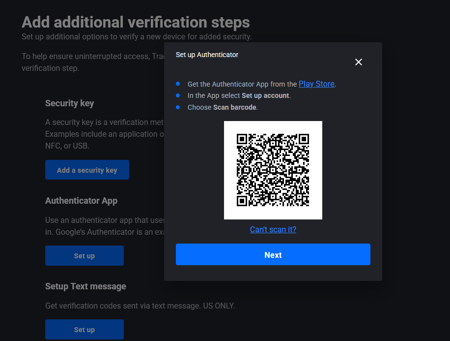 Selecting a backup authentication method such as an authenticator app or security key in Tradovate