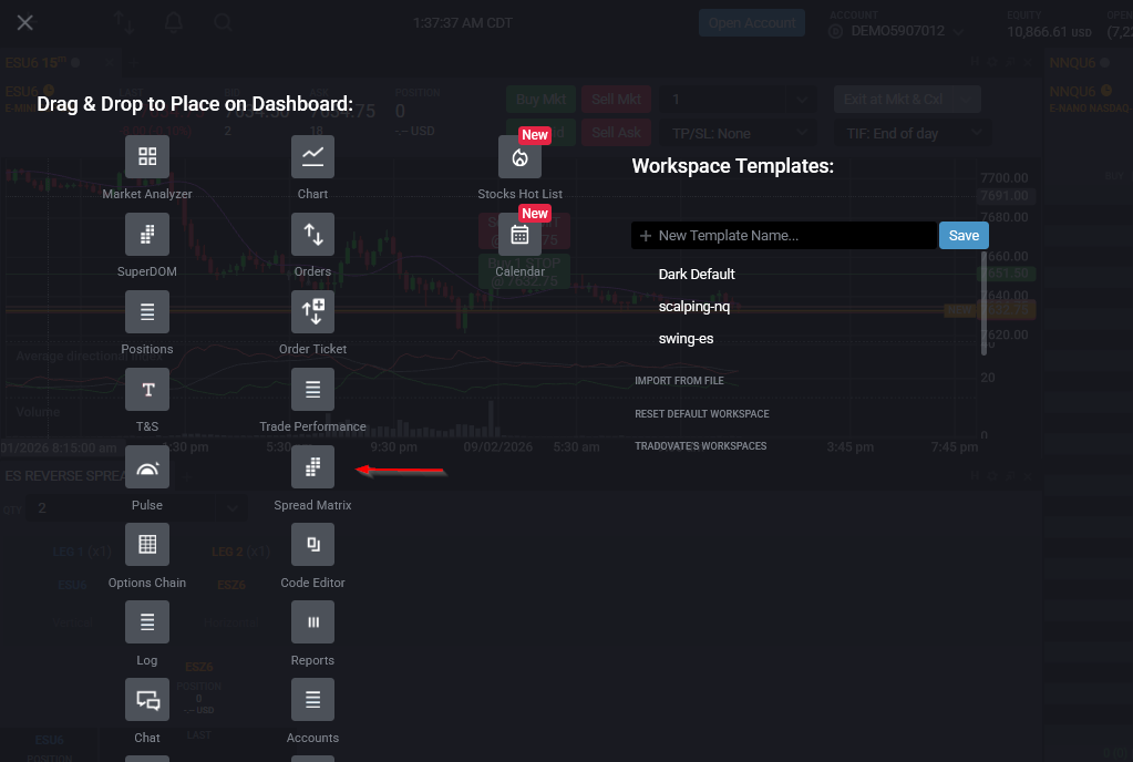 Tradovate module selector with the Spread Matrix module highlighted before being added to the workspace