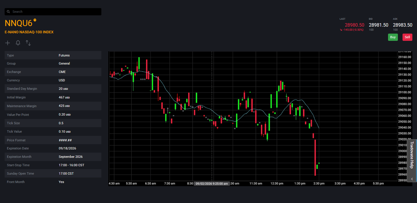 Tradovate instrument search with a futures contract's information panel open showing its specifications