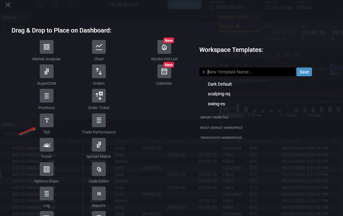 Tradovate New module menu with the T&S Time and Sales option being dragged into the workspace