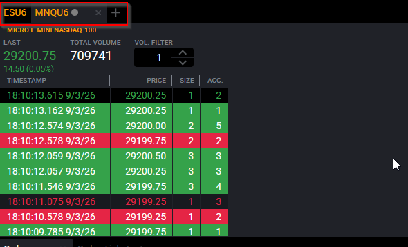 Tradovate T&S module showing multiple instrument tabs for tracking several contracts