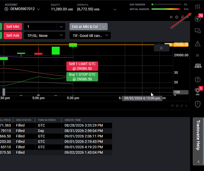 Tradovate Web Trader Application Settings menu opened from the top-right settings icon