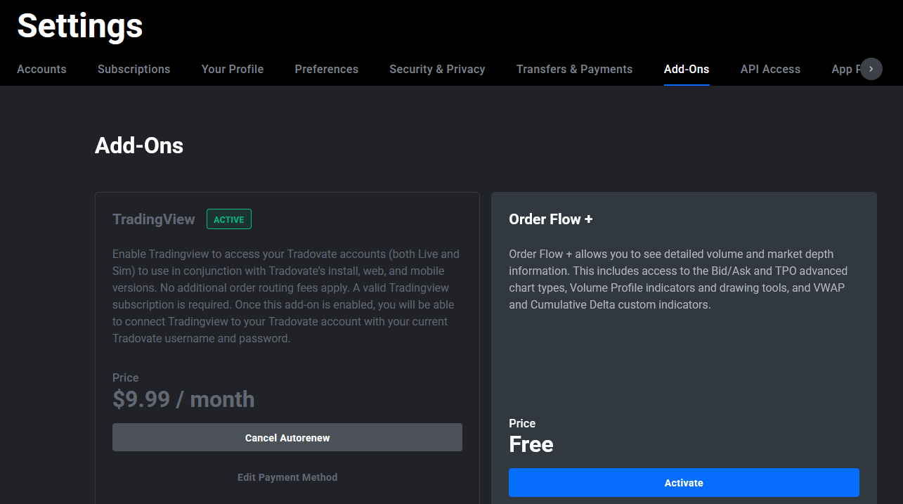 Tradovate Application Settings Add-ons tab showing the TradingView add-on with the Activate button