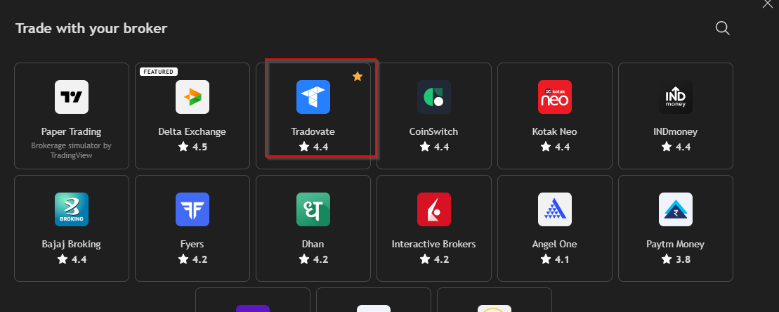 TradingView trading panel showing Tradovate selected from the broker list