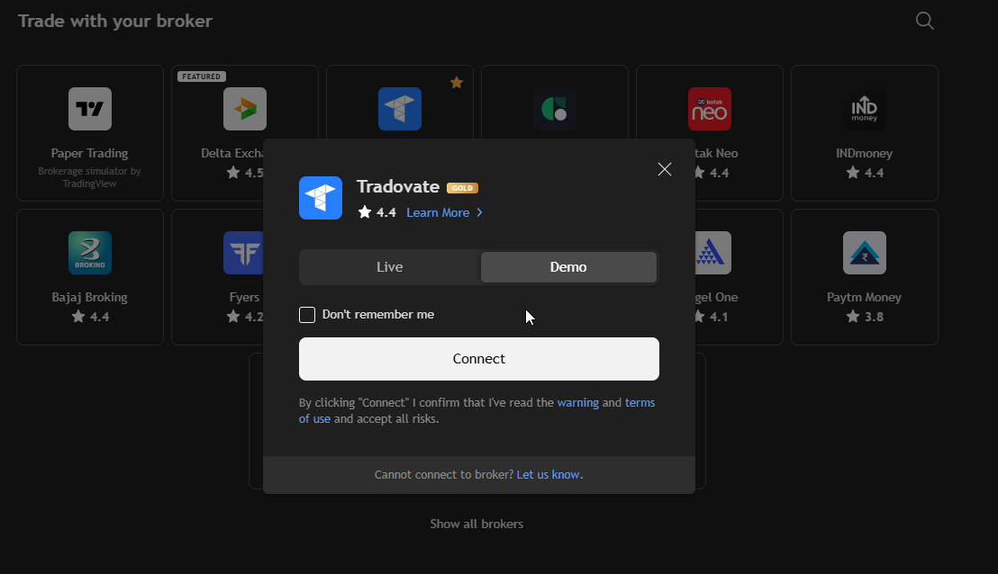TradingView Tradovate connection window showing Live and Demo options with the Connect button